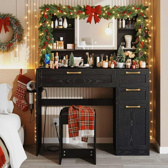 SESSLIFE 41''Vanity Set with Charging Station, Large Makeup Desk with LED Sliding Mirror, 3 Lighting Modes Adjustable Brightness, Makeup Dressing Table Set for Adults,Women, Black