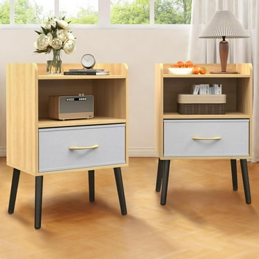 ENYOPRO Oak Nightstand Set of 2 with Drawer and Shelf, 2-Tier Storage End Table, Versatile Nightstand for Kids Adults, Modern End Side Table for Home and office