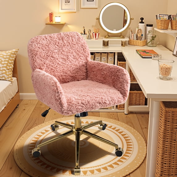 ENYOPRO Office Chair with Chrome Legs, Ergonomic Teddy Desk Chair Vanity Chair with Wheels, Modern Computer Chair for Home Office,Pink