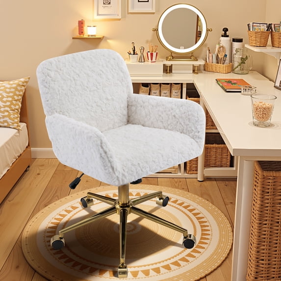 ENYOPRO Office Chair with Chrome Legs, Ergonomic Teddy Desk Chair Vanity Chair with Wheels, Modern Computer Chair for Home Office, White
