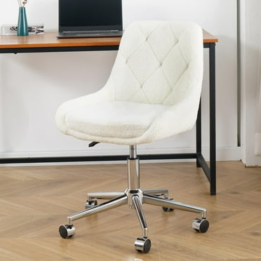 ENYOPRO Office Chair with Chrome Legs, Ergonomic Teddy Desk Chair Vanity Chair with Wheels, Modern Computer Chair for Home Office, White