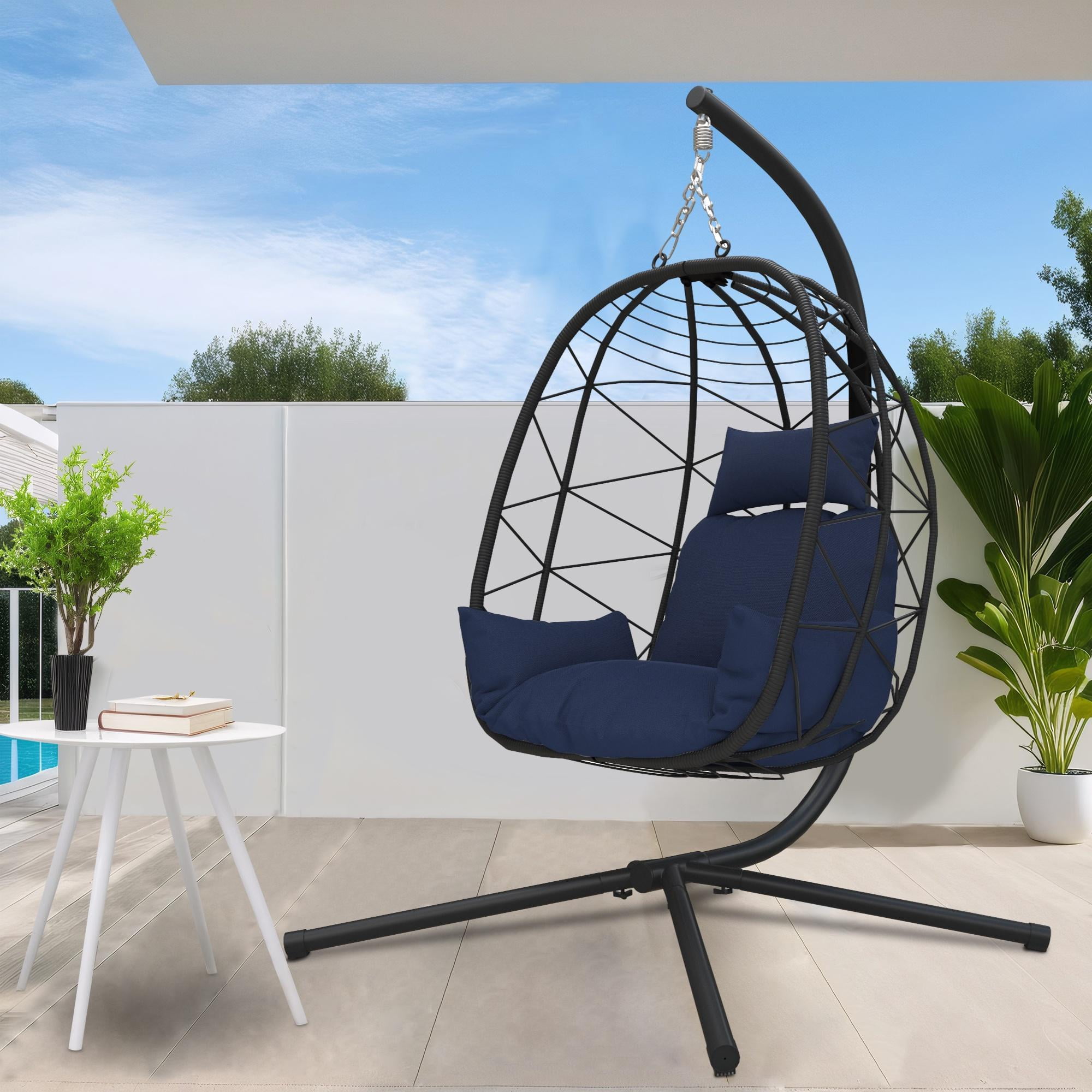 Outdoor Egg Chair, Patio Wicker Swing Egg Chair with Stand, Steel Frame