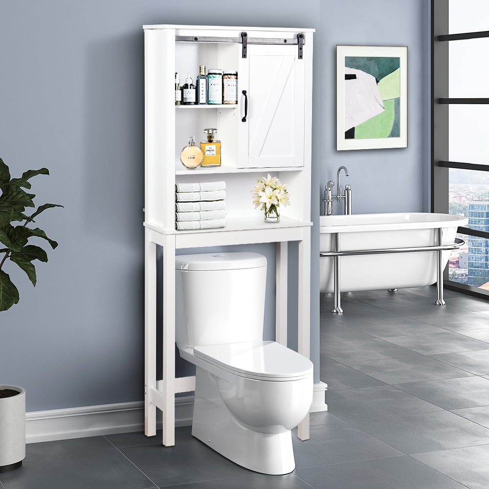 ENYOPRO Over-The-Toilet Space Saver, Bathroom Storage Cabinet, Toilet Organizer with Adjustable Shelves and A Barn Door, Wooden Behind Toilet Storage for Space Saving, Easy Assembly, K776
