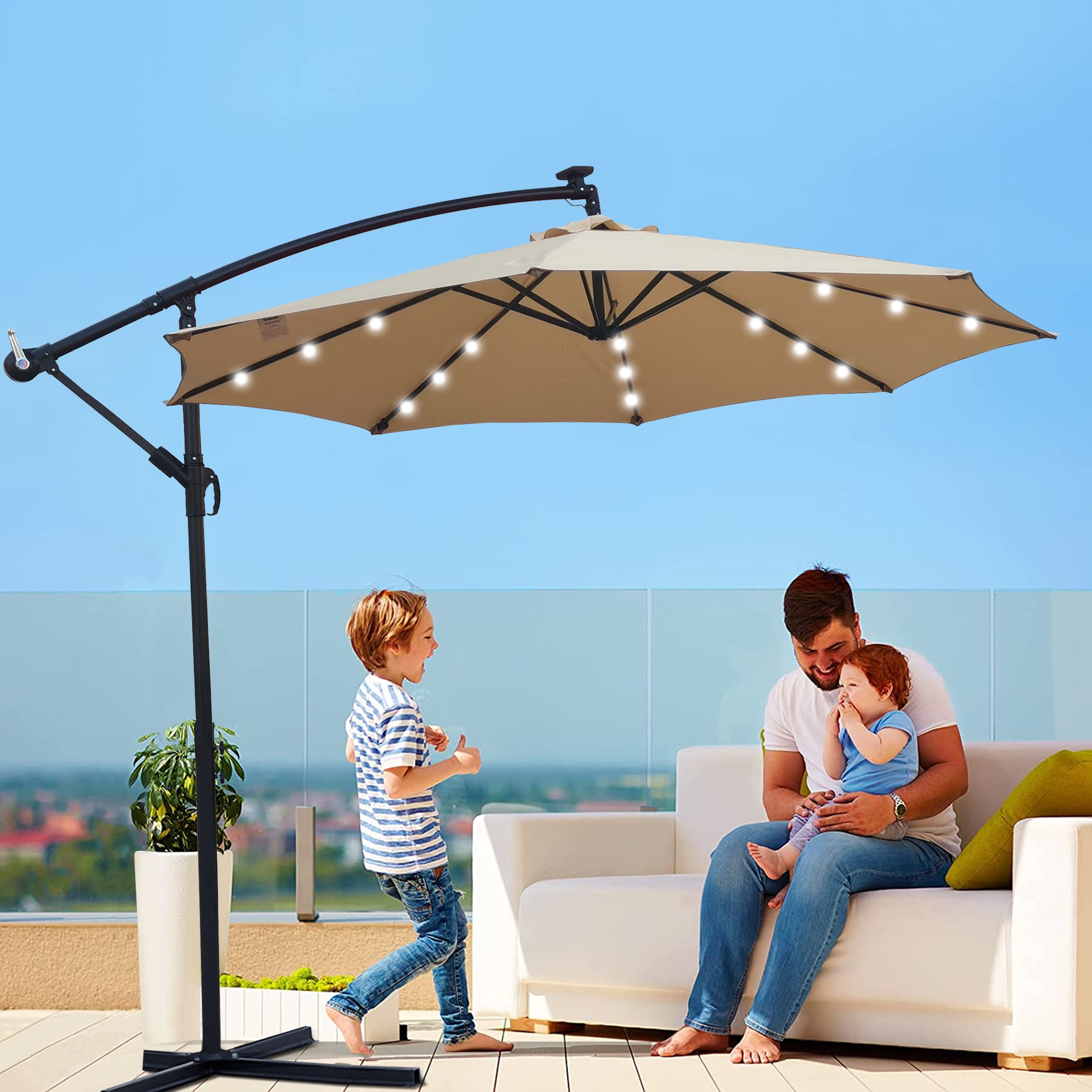 boscovs patio umbrellas Stepless Tilt Cantilever Umbrella 11 FT Aluminum Solar-Powered Color:Blacked Out Sun & Rain Protection The canopy provides ideal