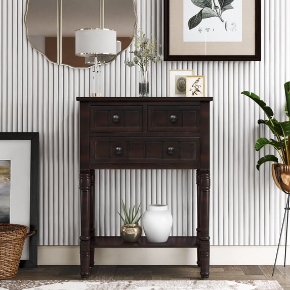 ENYOPRO Solid Wood Buffet Sideboard, Farmhouse Console Table, Narrow Console Table with 3 Drawers Storage and Shelf, Espresso Entrance Table in Hallway, Sofa Tables for Living Room