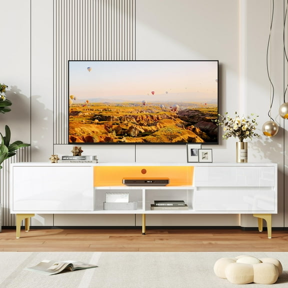 SESSLIFE TV Stand for 70 Inch TV, TV Console Table with RGB LED Lights, Modern Wood Entertainment Center with Cabinet and Drawers, TV Cabinet for Living Room, Bedroom, White