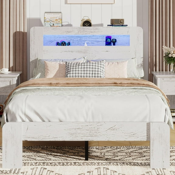 SESSLIFE Twin Bed Frame with LED Headboard, Modern Wood Bed Frame with Charging Station, Platform Bed with Under Bed Storage for Bedroom, Easy Assembly,White