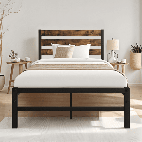 SESSLIFE Twin Bed Frame Platform with Headboard, Metal Beds Steel Slat Support with Under Bed Storage Space, No Box Spring Needed, Heavy Duty, Bronze