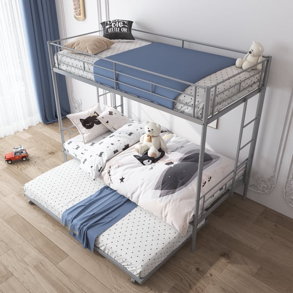 ENYOPRO Twin Over Twin Bunk Bed with Trundle, Metal Twin Bed with Safety Guard Rail & Ladders, Space-Saving Design Sleeping Bedroom Bunk Bed for Teens & Adults, Easy Assembly