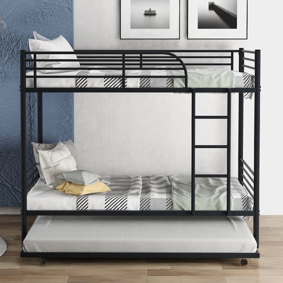 ENYOPRO Twin Over Twin Bunk Bed with Trundle, Metal Twin Bed with Safety Guard Rail & Ladders, Space-Saving Design Sleeping Bedroom Bunk Bed for Teens & Adults, Easy Assembly