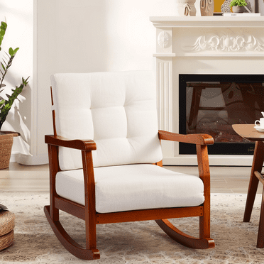 ENYOPRO Upholstered Rocking Chair, Modern Fabric Rocking Armchair, Mid Century Wood Base Comfy Rocker for Living Room, Bedroom, Office, Teak