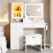 UHOMEPRO Vanity Set with Mirror, White Makeup Desk with Charging Station and LED Strips, Makeup Dressing Table Set with Storage Stool for Women, Ladies Gifts
