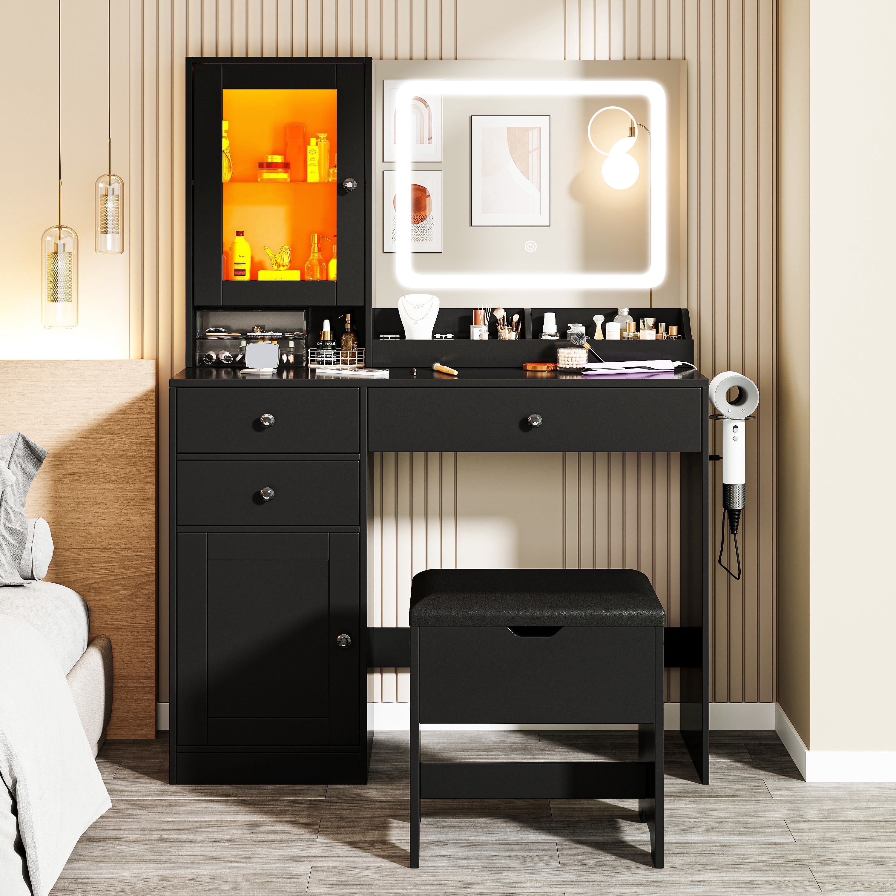 black dressing table with stool and mirror SESSLIFE Bedroom Vanity Set Sliding Mirror, Makeup Desk with Drawers & Stool, for Girls including pink collections:black Black Tulle Lace Long Size:us-20w