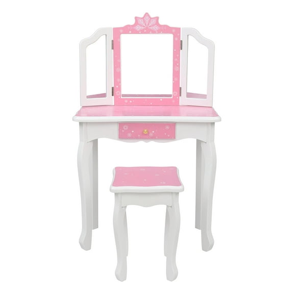 ENYOPRO Vanity Sets for Girls, Vanity Play Set with Drawers, Dressing Table Dresser Wooden Toy Makeup Vanity Table & Stool with 3 Foldable Mirror, Pink
