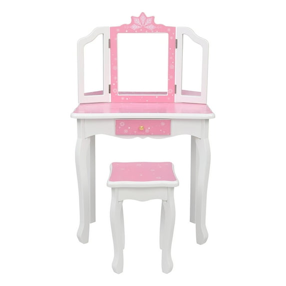 ENYOPRO Vanity Sets for Girls, Vanity Play Set with Drawers, Dressing Table Dresser Wooden Toy Makeup Vanity Table & Stool with 3 Foldable Mirror, Pink