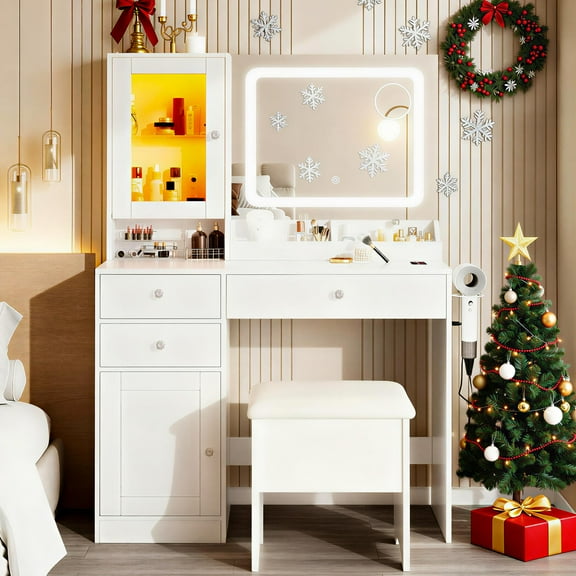 ENYOPRO Vanity Sets with LED Lights, Vanity Play Set with a Drawer, Dressing Table Dresser Wooden Toy Makeup Vanity Table & Stool, White