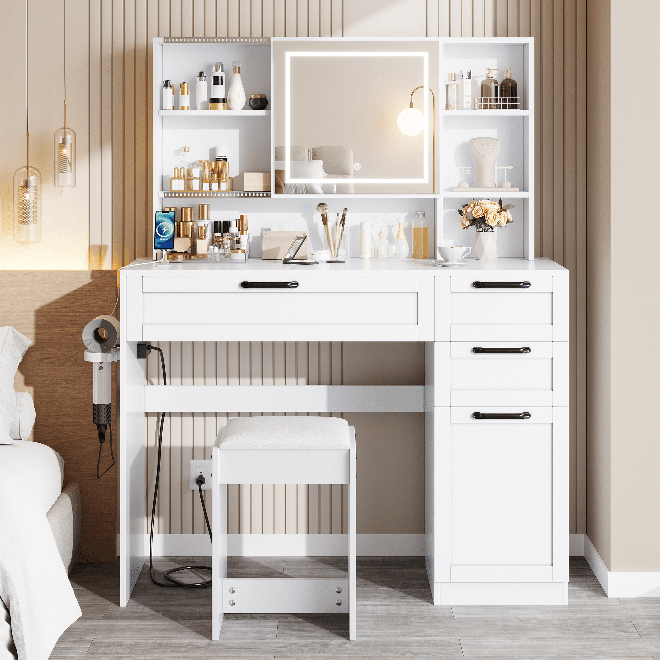 SESSLIFE Vanity Set with LED Sliding Mirror, White Makeup Table with 3 ...