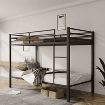 Sesslife Twin Over Twin Metal Bunk Bed Frame, Low Profile Bunk Bed with Ladder & Guardrails, Space-Saving Bed with Metal Slats, No Box Spring Needed, Black