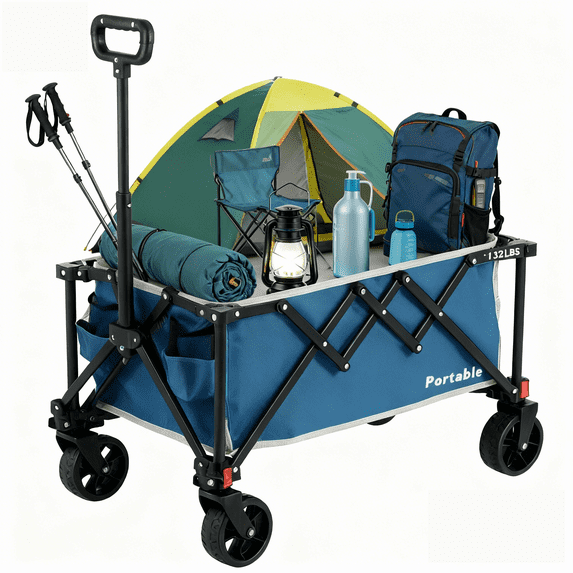 ENYOPRO Foldable Four-Wheel Wagon, Portable Wagon with All-Terrain Wheels & an adjustable handle, Utility Wagon for Outdoor, Shopping, Camping, Blue