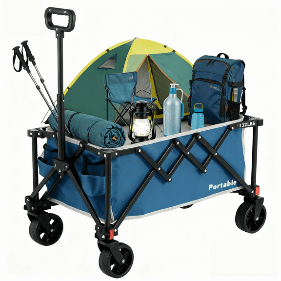 ENYOPRO Foldable Four-Wheel Wagon, Portable Wagon with All-Terrain Wheels & an adjustable handle, Utility Wagon for Outdoor, Shopping, Camping, Blue