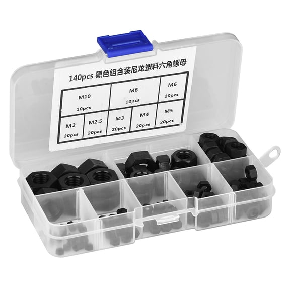 ENYOUNG 140pcs M2-M10 Thread Nylon Plastic Hex Hexagonal Nuts Assortment Kit (Black)