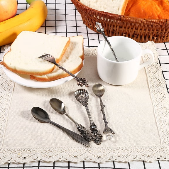 ENYOUNG 6-Piece Set Retro Royal Style Mini Coffee Spoons and Fork Kitchen Fruit Dinnerware Antique Brass Zinc Alloy Tableware (11.8 cm / 4.5 inches) for Home Dining and Desserts