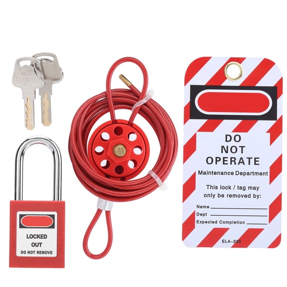 ENYOUNG Adjustable Cable Lock Kit Universal Insulation Stainless Steel Lockout Tagout Device for Gate Ball Plug Valves with Red Padlock and Safety Warning Sign, 1 Pack