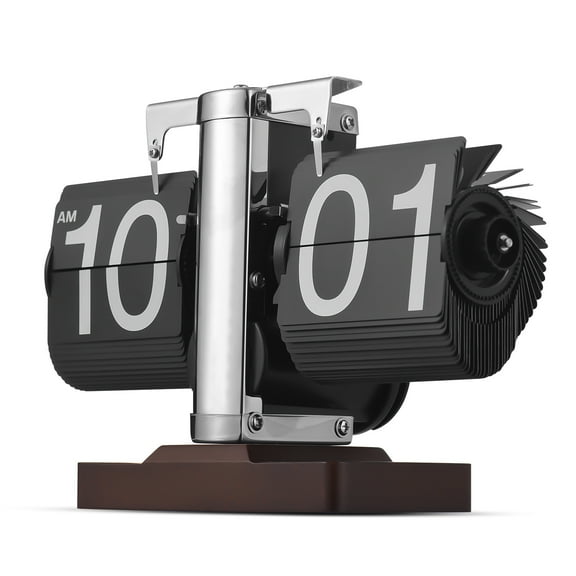 ENYOUNG Desk Flip Clock Vintage Decor Heavy Duty Stainless Steel Mechanical Digital Table Clock Page Turner Clock Battery Operated Small Clock with Wooden Base Gift Ideas for Home Office