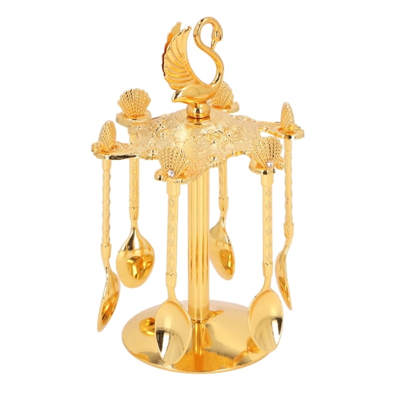 ENYOUNG Gold Swan Coffee Spoons Set Mirror Polished Construction Metal Base Holder with 6 Delicate Spoons for Desserts Fruits Salads, 6.7x4.7x3.9 Inches / 17.0x12.0x10.0 cm