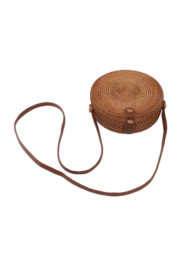 Handwoven Round Rattan Bag Tropical Beach Style Woven Shoulder Purse with Leather Strap 7.9 inches / 20 cm Diameter Plain Color Leather Buckle Lining