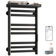 ENZE Smart Heated Towel Rack, 160W Wall-Mounted Electric Towel Warmer with Shelf, 8-Bar, Wi-Fi App Control, 1-24H Timer, 115 -155 , Low Carbon Steel, IPX5, Plug-in/Hardwired, Black