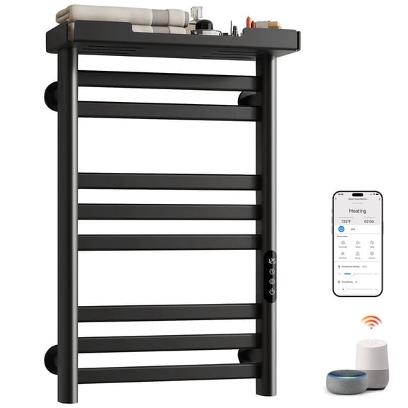 ENZE Smart Heated Towel Rack, 160W Wall-Mounted Electric Towel Warmer with Shelf, 8-Bar, Wi-Fi App Control, 1-24H Timer, 115-155, Low Carbon Steel, IPX5, Plug-in/Hardwired, Black