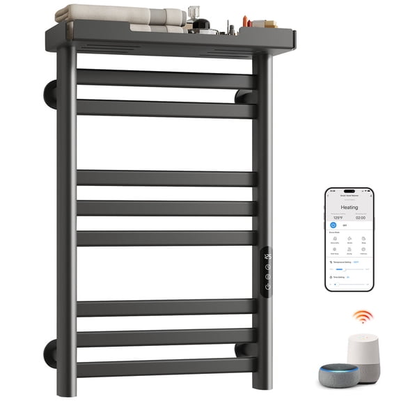ENZE Smart Heated Towel Rack, 160W Wall-Mounted Electric Towel Warmer with Shelf, 8-Bar, Wi-Fi App Control, 1-24H Timer, 115-155, Low Carbon Steel, IPX5, Plug-in/Hardwired, Gray
