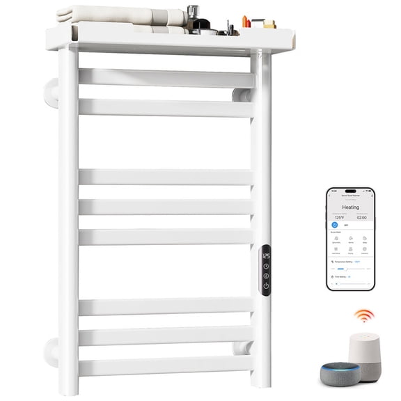 ENZE Smart Heated Towel Rack, 160W Wall-Mounted Electric Towel Warmer with Shelf, 8-Bar, Wi-Fi App Control, 1-24H Timer, 115-155, Low Carbon Steel, IPX5, Plug-in/Hardwired, White