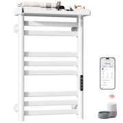 ENZE Smart Heated Towel Rack, 160W Wall-Mounted Electric Towel Warmer with Shelf, 8-Bar, Wi-Fi App Control, 1-24H Timer, 115 -155 , Low Carbon Steel, IPX5, Plug-in/Hardwired, White
