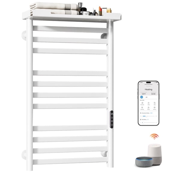 ENZE Smart Heated Towel Rack, 290W Wall-Mounted Electric Towel Warmer with Shelf, 8-Bar, Wi-Fi App Control, 1-24H Timer, 115-155, Low Carbon Steel, IPX5, Plug-in/Hardwired, White