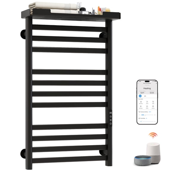 ENZE Smart Heated Towel Rack, 290W Wall-Mounted Electric Towel Warmer with Shelf, 8-Bar, Wi-Fi App Control, 1-24H Timer, 115-155, Low Carbon Steel, IPX5, Plug-in/Hardwired, Black