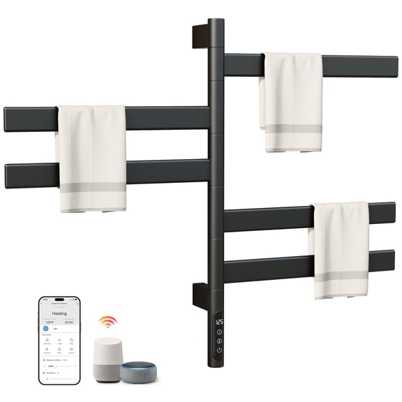 ENZE Smart Rotating Heated Towel Rack for Bathroom, 120W Electric Towel Warmer with Swivel Bars, 1-24H Timer, 115-155, Wi-Fi App Control, Low Carbon Steel, IPX5, Plug-in/Hardwired, Black