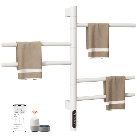 ENZE Smart Rotating Heated Towel Rack for Bathroom, 90W Electric Towel Warmer with Swivel Bars, 1-24H Timer, 115-155, Wi-Fi App Control, Low Carbon Steel, IPX5, Plug-in/Hardwired, White
