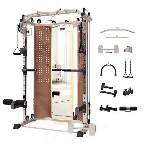 EOAT All-in-One Traing Frame with Mirror, Power Cage Squat Rack & Cable Crossover, 132 Lbs Weight Stack, 17-Position Adjustable Home Gym Equipment