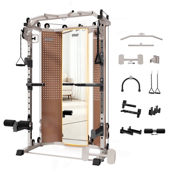 EOAT All-in-One Traing Frame with Mirror, Power Cage Squat Rack & Cable Crossover, 132 Lbs Weight Stack, 17-Position Adjustable Home Gym Equipment