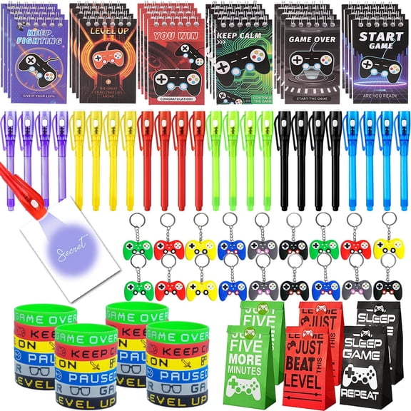 EODVICS 120 Pcs Video Game Party Favors Party Supplies Invisible Ink Pens Notebook Silicone Bracelet Gift Paper Bag Video Game Controller Keychain Birthday Supplies for Kids Gamer Party Favors Y101