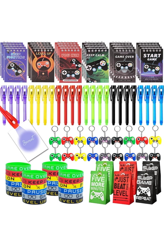 120 Pcs Video Game Party Favors Party Supplies Invisible Ink Pens Notebook Silicone Bracelet Gift Paper Bag Video Game Controller Keychain Birthday Supplies for Kids Gamer Party Favors A101