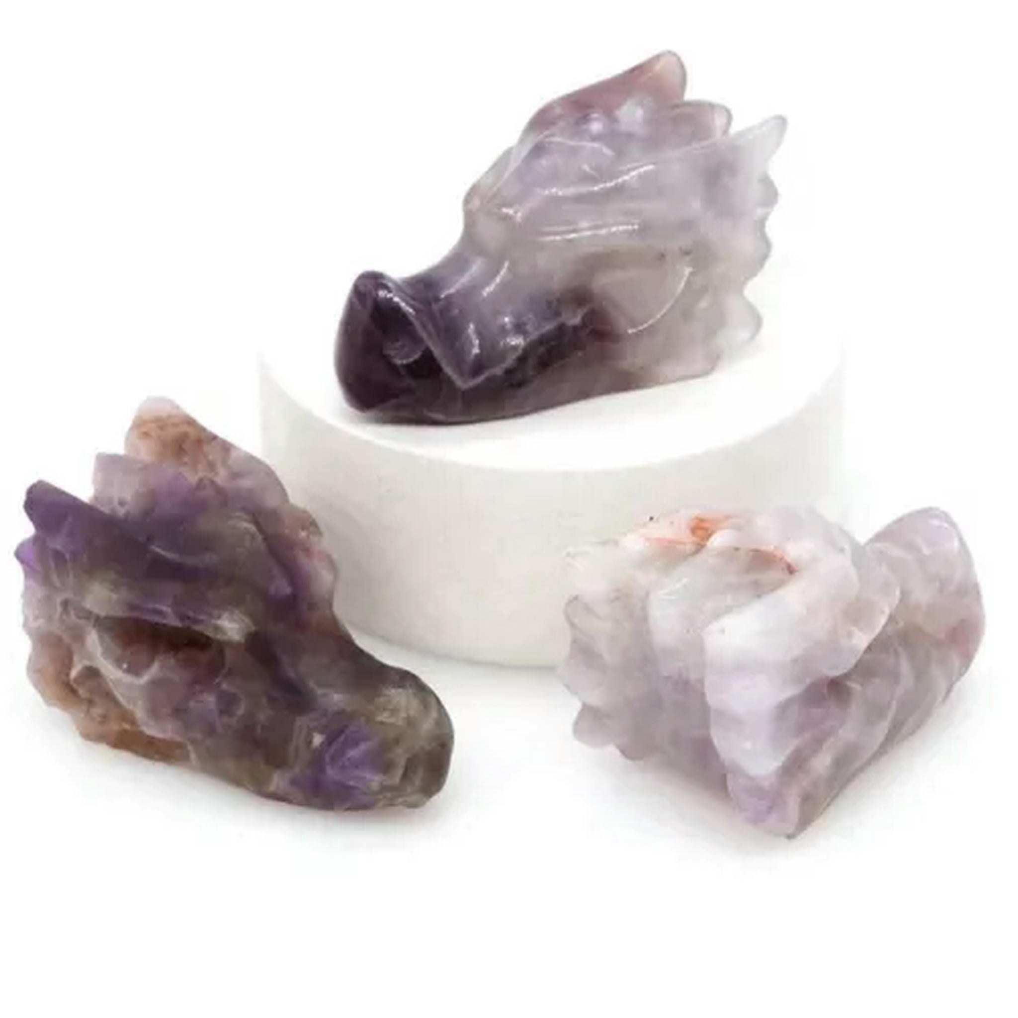EOEMY 1.5’’ Natural Quartz Crystal Lifelike Dragon Head Skull Skeleton Figurine Gift- Amethyst Quartz-5Pcs