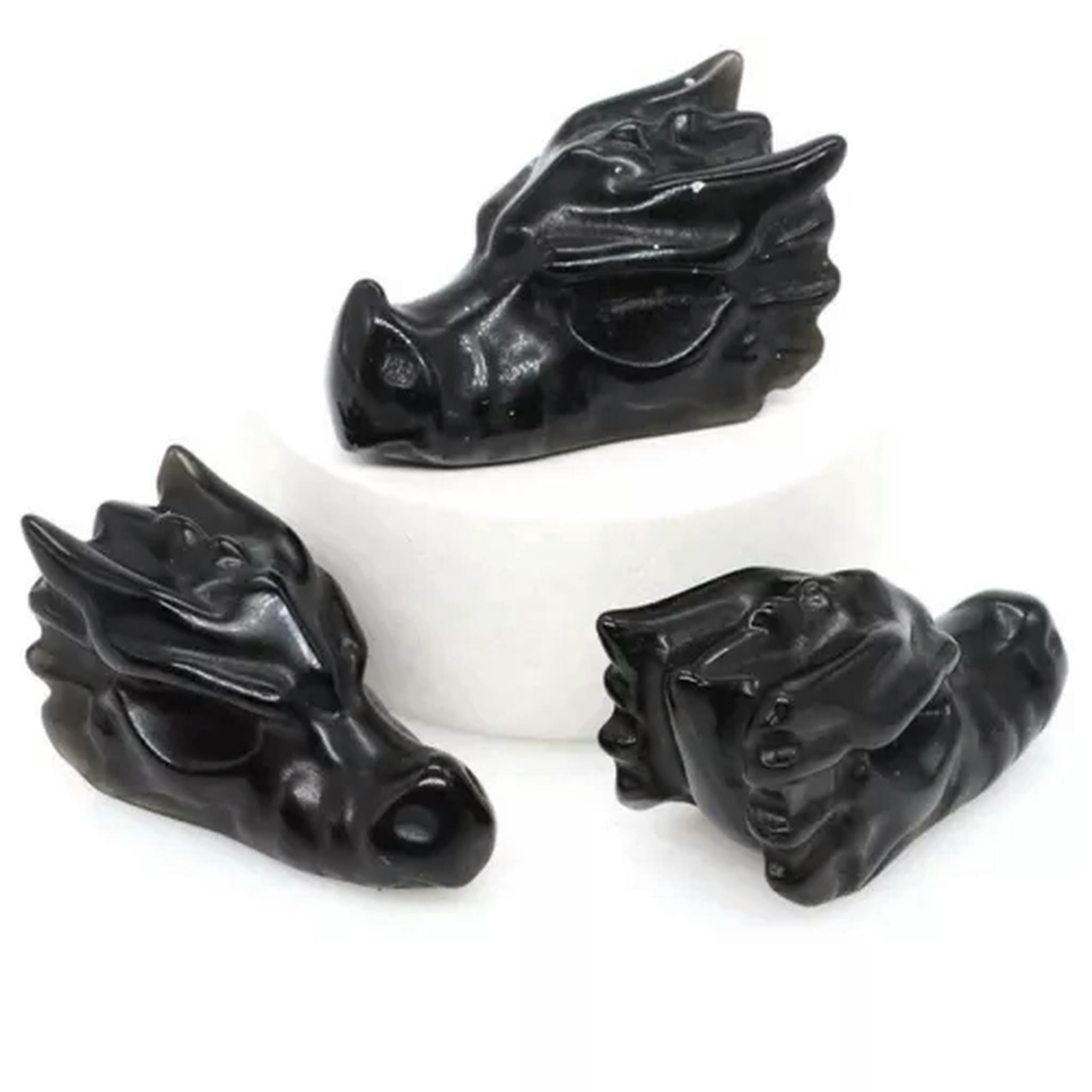 EOEMY 1.5’’ Natural Quartz Crystal Lifelike Dragon Head Skull Skeleton Figurine Gift-Black Obsidian Quartz-10Pcs