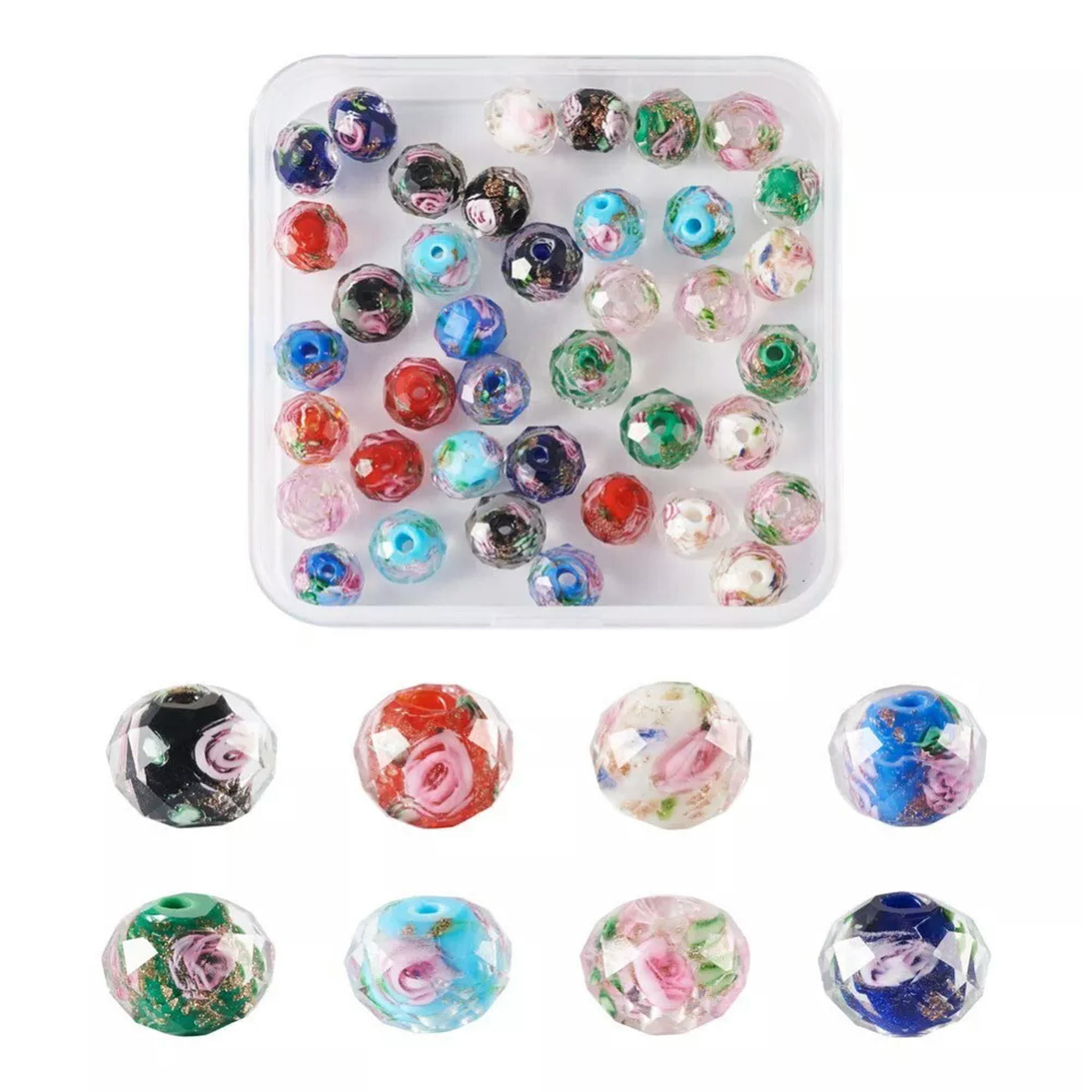 EOEMY 1 Box Inner Flower Faceted Rondelle Handmade Gold Sand Lampwork Beads 9~10X7~8mm