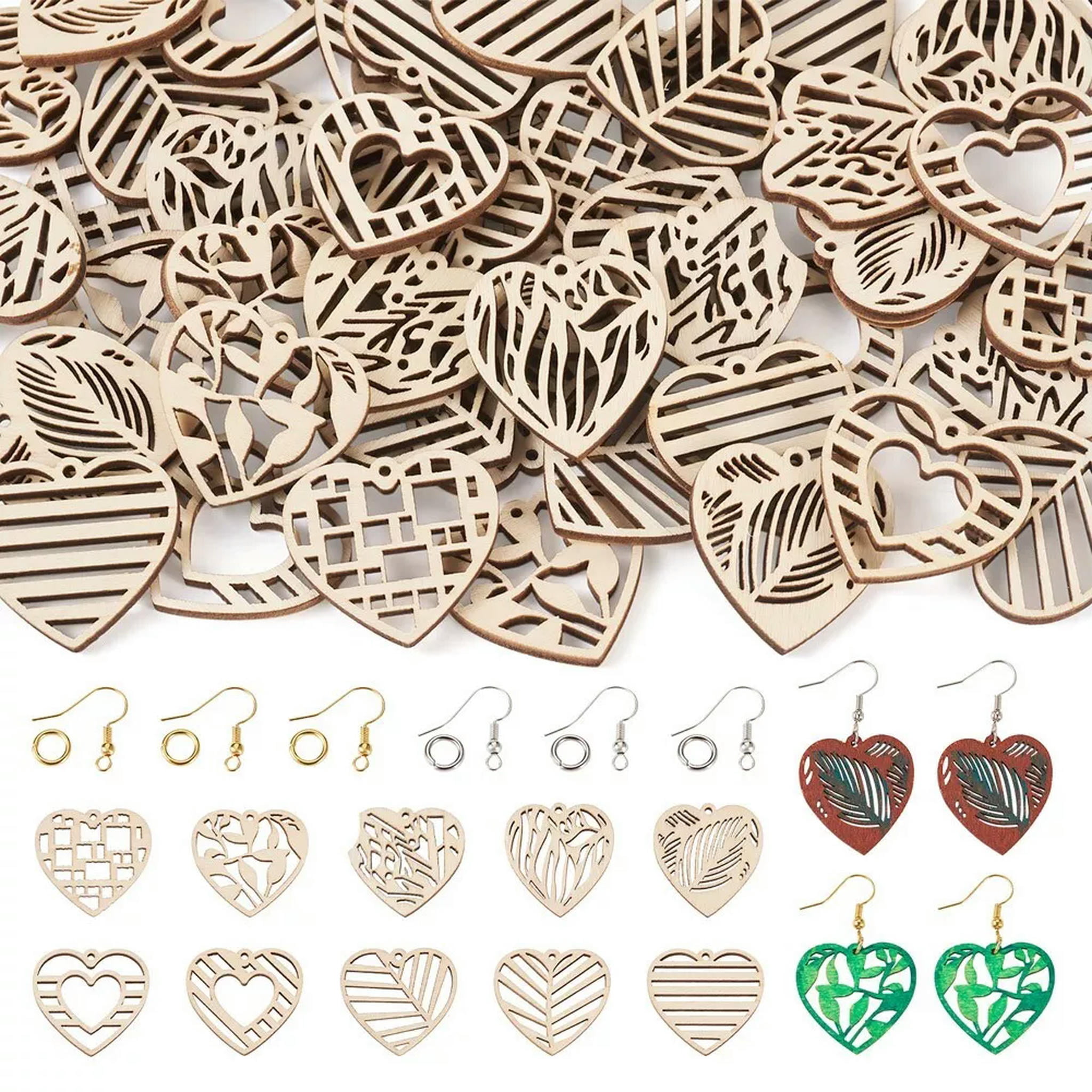 EOEMY 1 Box Undyed Burlywood Natural Wood Hollow Heart Dangle Earrings Diy Making Kit