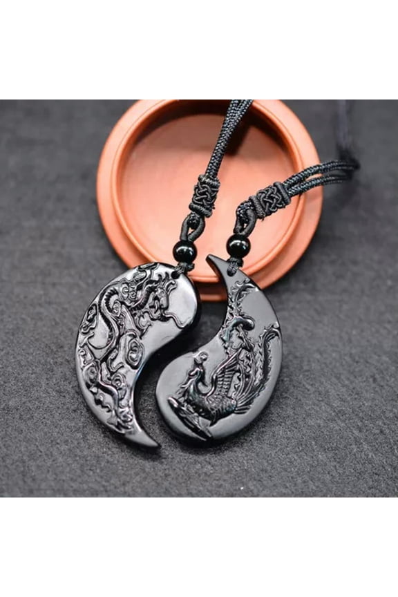 1 Set Obsidian Taichi Dragon And Phoenix Necklace Pendant Yin Yang Pendant-Taichi Style