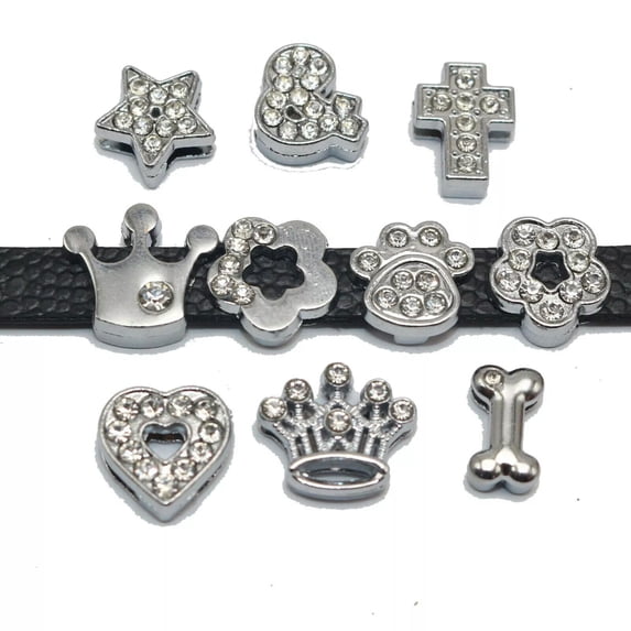 EOEMY 10 Assorted Silver Alloy Rhinestone Crown Heart Slide Charms Fit 8mm Wristbands