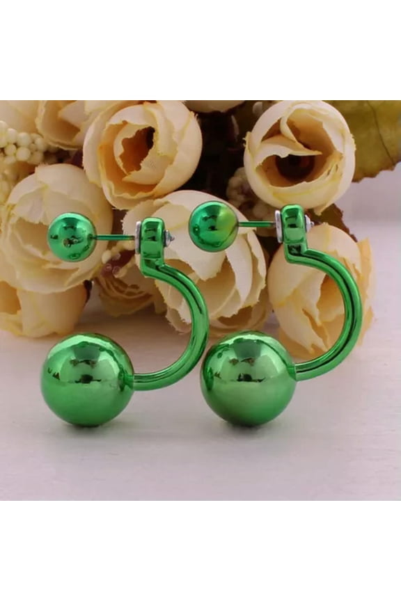 10 Pairs Metallic Color Acrylic Round Double Sided Ear Stud Front Back Earrings-B: Metallic Green